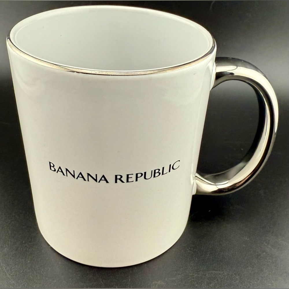 Banana Republic mug. 12oz white w/silver.